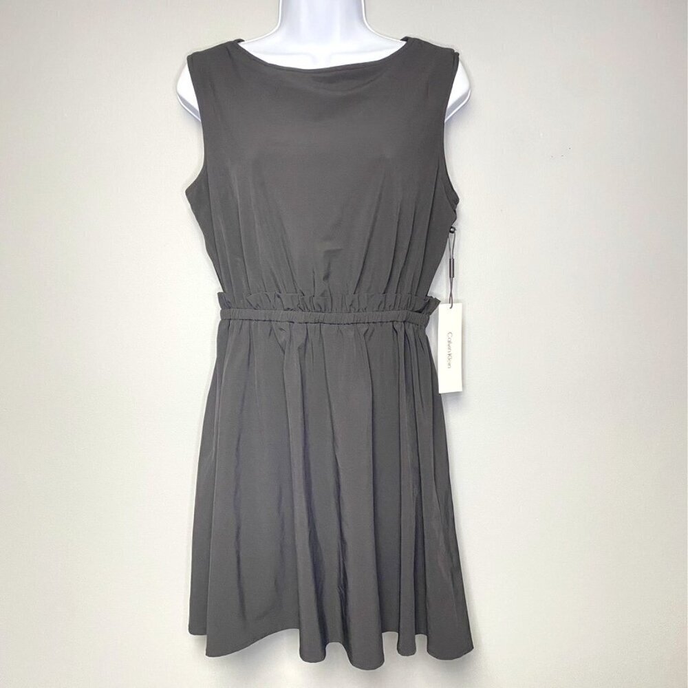 NWT Calvin Klein Sleeveless Boat Neck Ruffle Waist Little Black Dress‎ Size 8